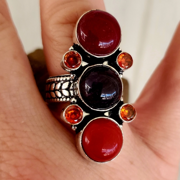 New Cherry Ruby, Amethyst, Coral & Garnet 925 Silver Ring - Picture 6 of 8
